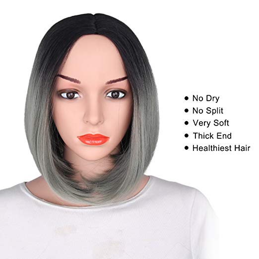 BARSDAR 14" Girl’s Short Ombre Bob Hair Wigs Straight Synthetic Colorful Halloween Cosplay Daily Party Wig for Women Natural Looking Heat Resistant As Real Hair-Black to Dark Gray